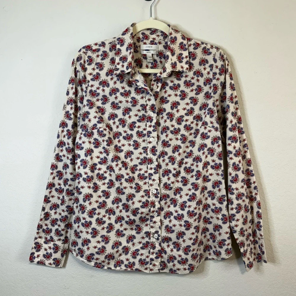 J Crew Cotton White Red Blue Perfect Paisley Long Sleeve Button Front Shirt Sz 4